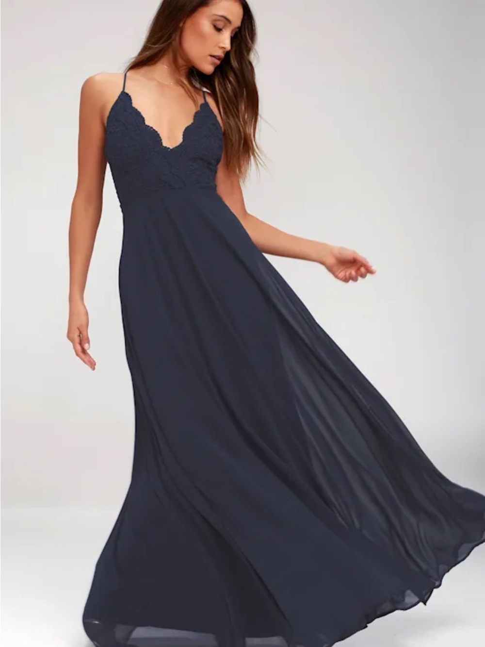 Navy Lace-Trim Maxi Dress with Spaghetti Straps